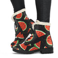 Black Cute Watermelon Pattern Print Faux Fur Leather Boots
