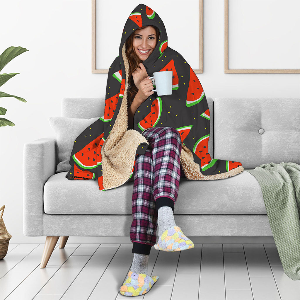 Black Cute Watermelon Pattern Print Hooded Blanket