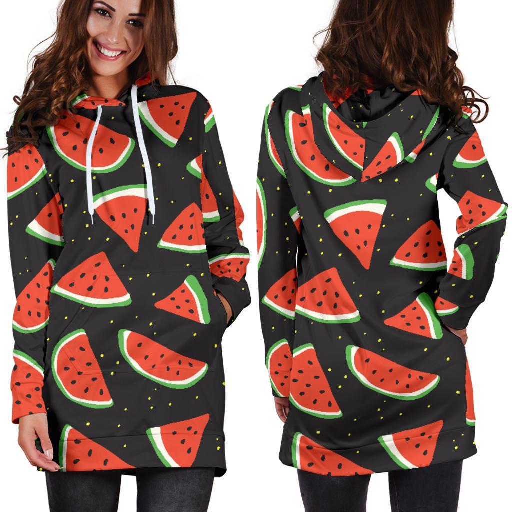 Black Cute Watermelon Pattern Print Hoodie Dress GearFrost