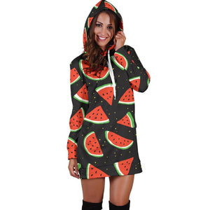 Black Cute Watermelon Pattern Print Hoodie Dress GearFrost