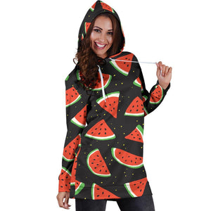 Black Cute Watermelon Pattern Print Hoodie Dress GearFrost