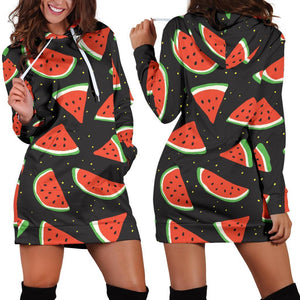 Black Cute Watermelon Pattern Print Hoodie Dress GearFrost