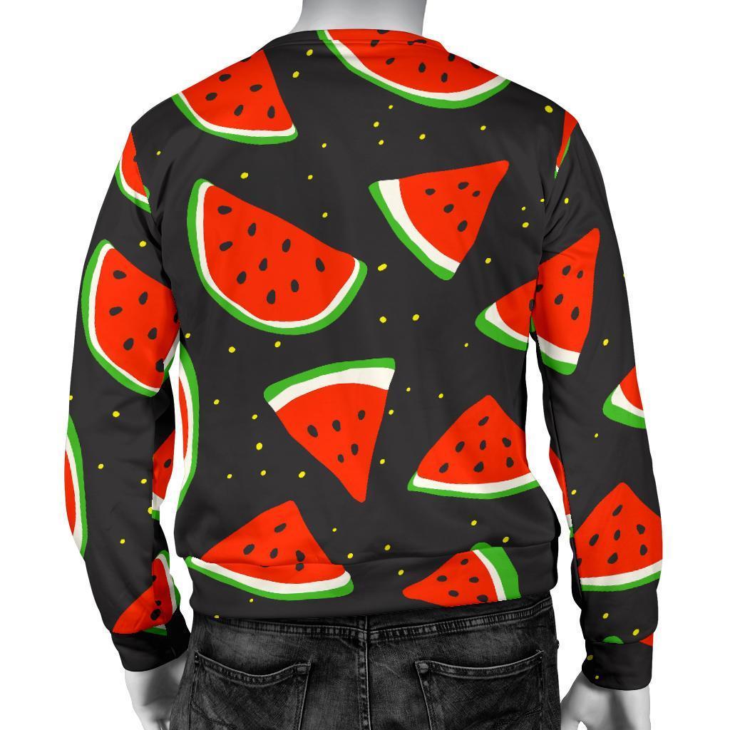 Black Cute Watermelon Pattern Print Men's Crewneck Sweatshirt GearFrost