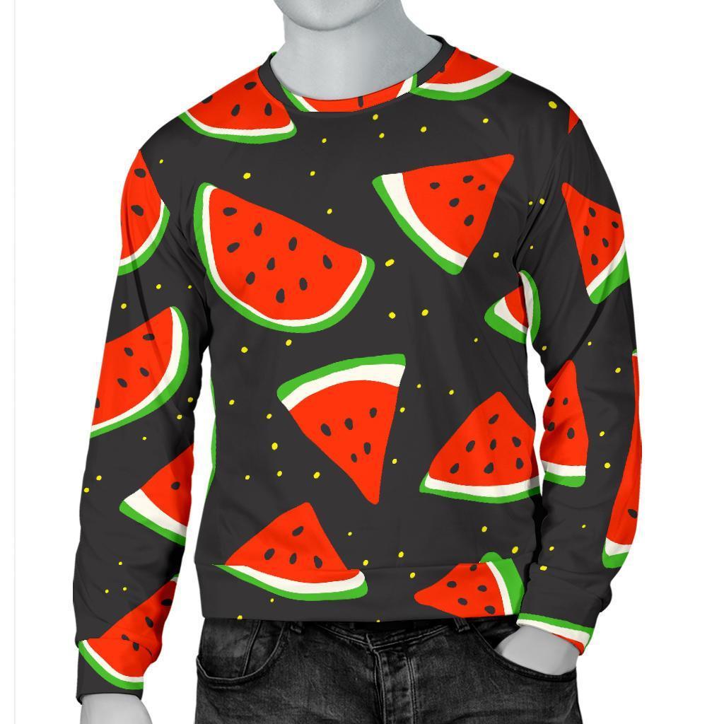 Black Cute Watermelon Pattern Print Men's Crewneck Sweatshirt GearFrost