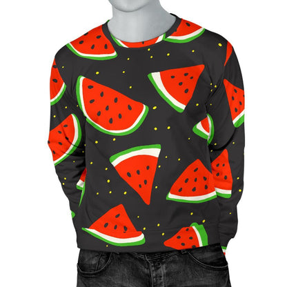 Black Cute Watermelon Pattern Print Men's Crewneck Sweatshirt GearFrost