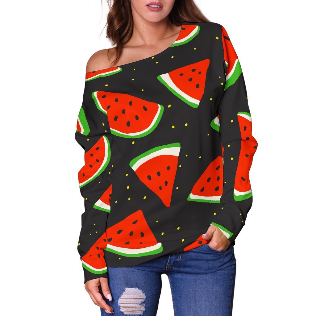 Black Cute Watermelon Pattern Print Off Shoulder Sweatshirt GearFrost