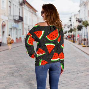 Black Cute Watermelon Pattern Print Off Shoulder Sweatshirt GearFrost