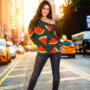 Black Cute Watermelon Pattern Print Off Shoulder Sweatshirt GearFrost