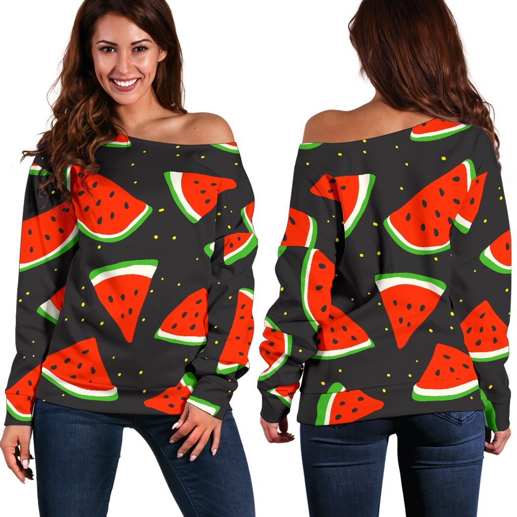 Black Cute Watermelon Pattern Print Off Shoulder Sweatshirt GearFrost