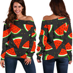 Black Cute Watermelon Pattern Print Off Shoulder Sweatshirt GearFrost