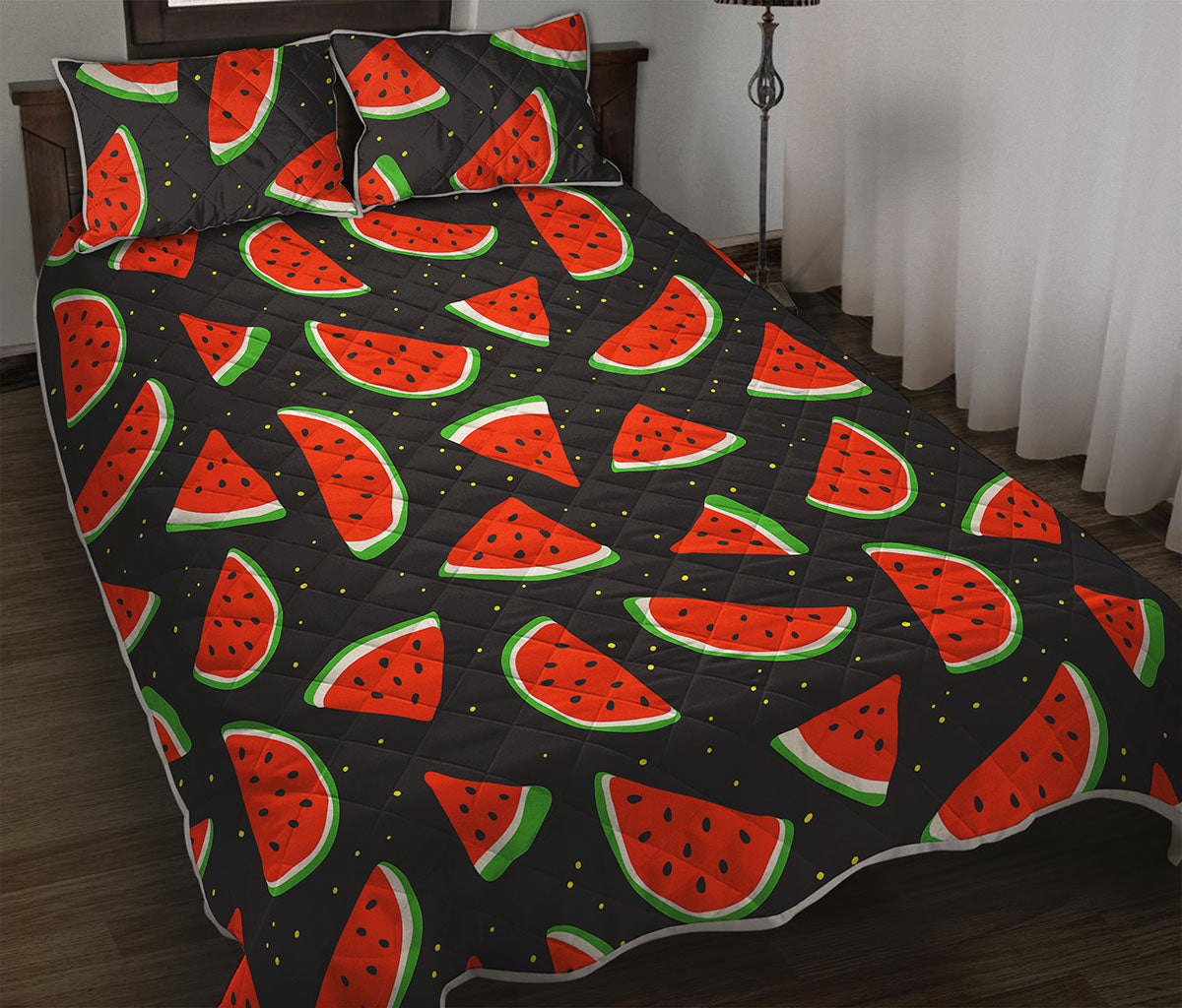 Black Cute Watermelon Pattern Print Quilt Bed Set