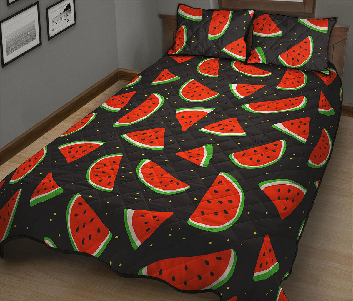 Black Cute Watermelon Pattern Print Quilt Bed Set