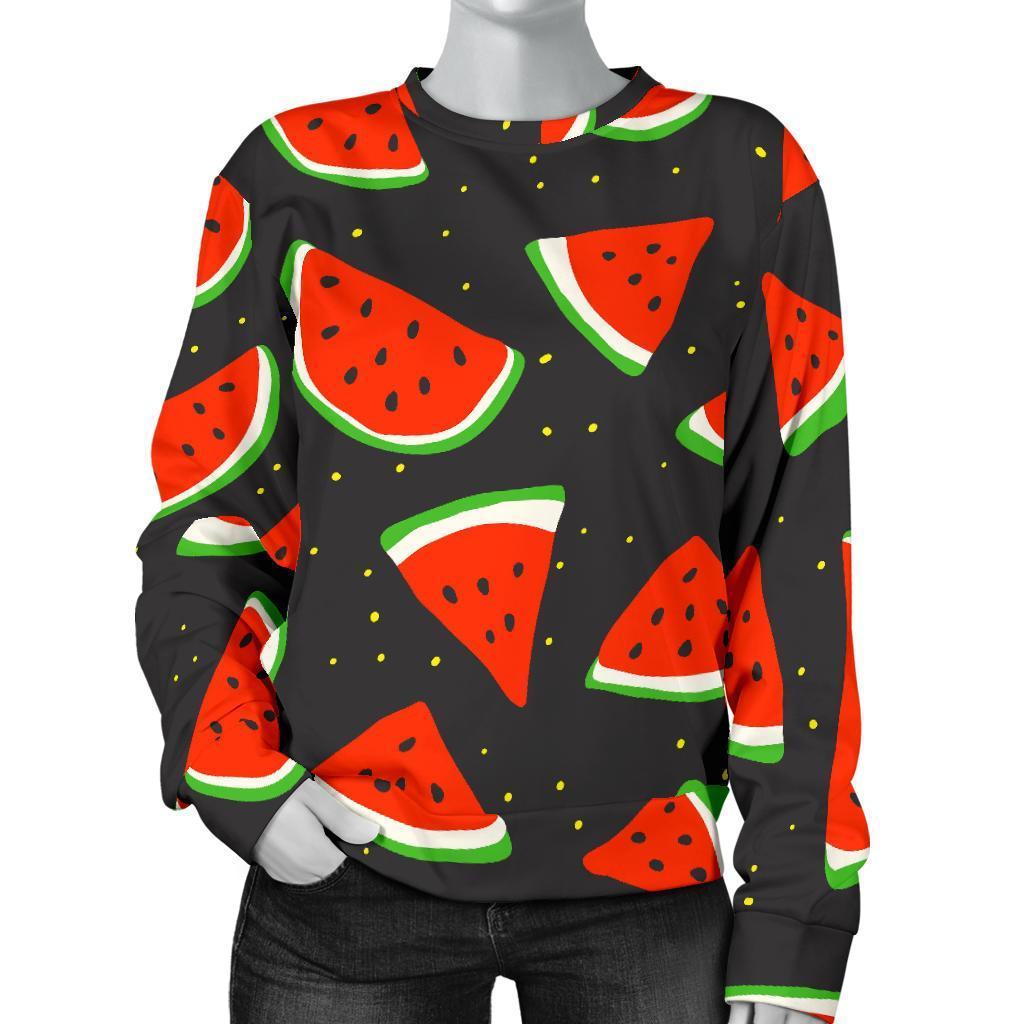 Black Cute Watermelon Pattern Print Women's Crewneck Sweatshirt GearFrost