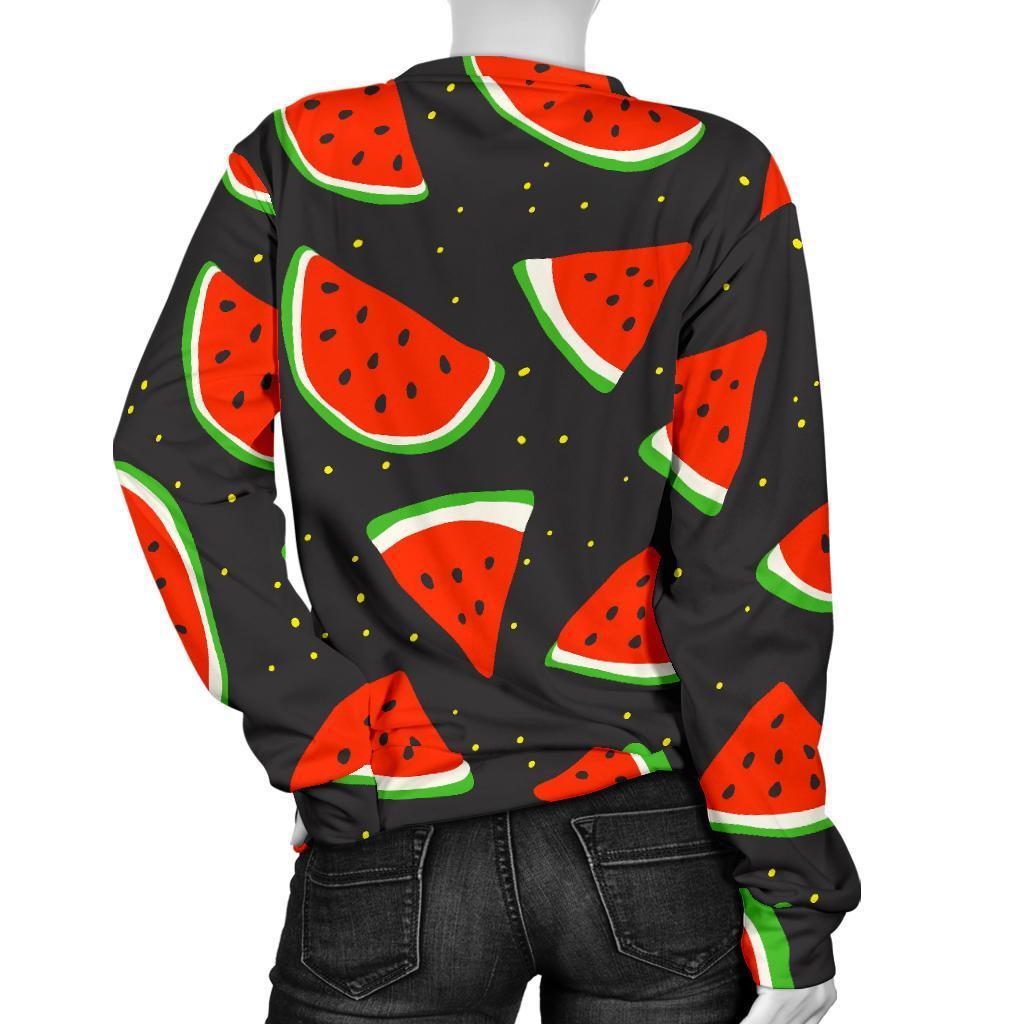 Black Cute Watermelon Pattern Print Women's Crewneck Sweatshirt GearFrost