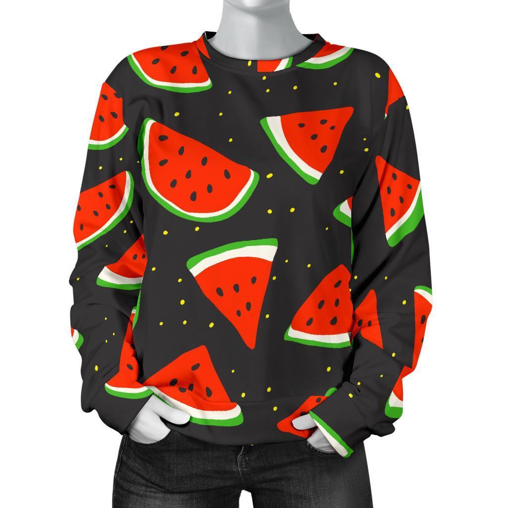 Black Cute Watermelon Pattern Print Women's Crewneck Sweatshirt GearFrost