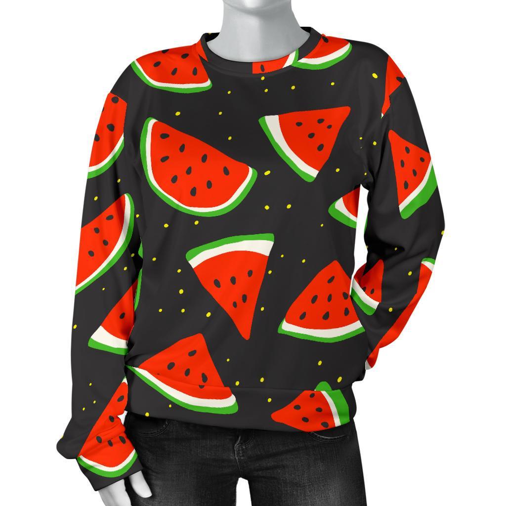 Black Cute Watermelon Pattern Print Women's Crewneck Sweatshirt GearFrost