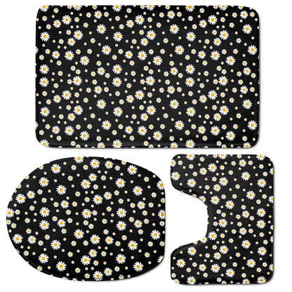 Black Daisy Floral Pattern Print 3 Piece Bath Mat Set
