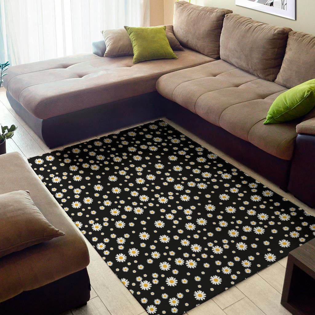 Black Daisy Floral Pattern Print Area Rug