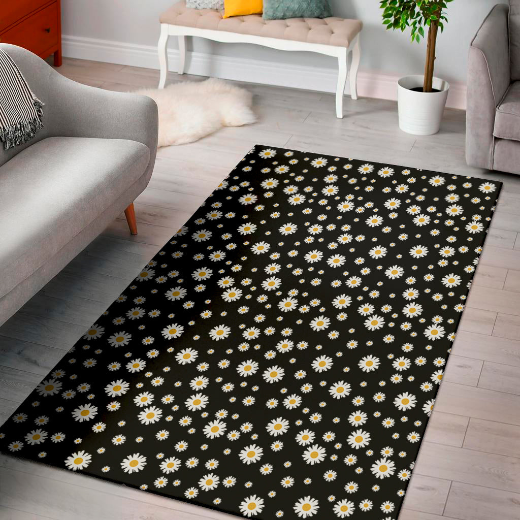 Black Daisy Floral Pattern Print Area Rug