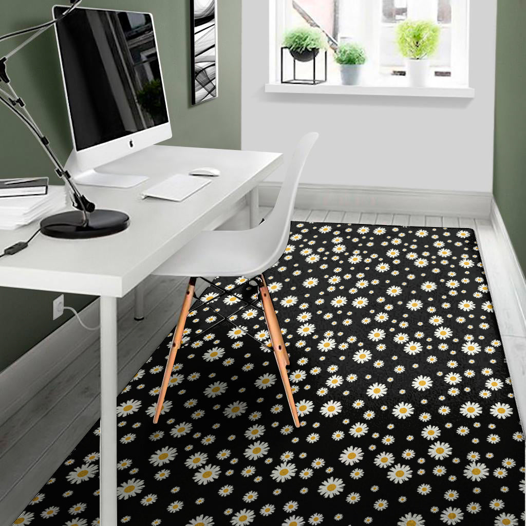 Black Daisy Floral Pattern Print Area Rug