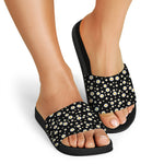 Black Daisy Floral Pattern Print Black Slide Sandals