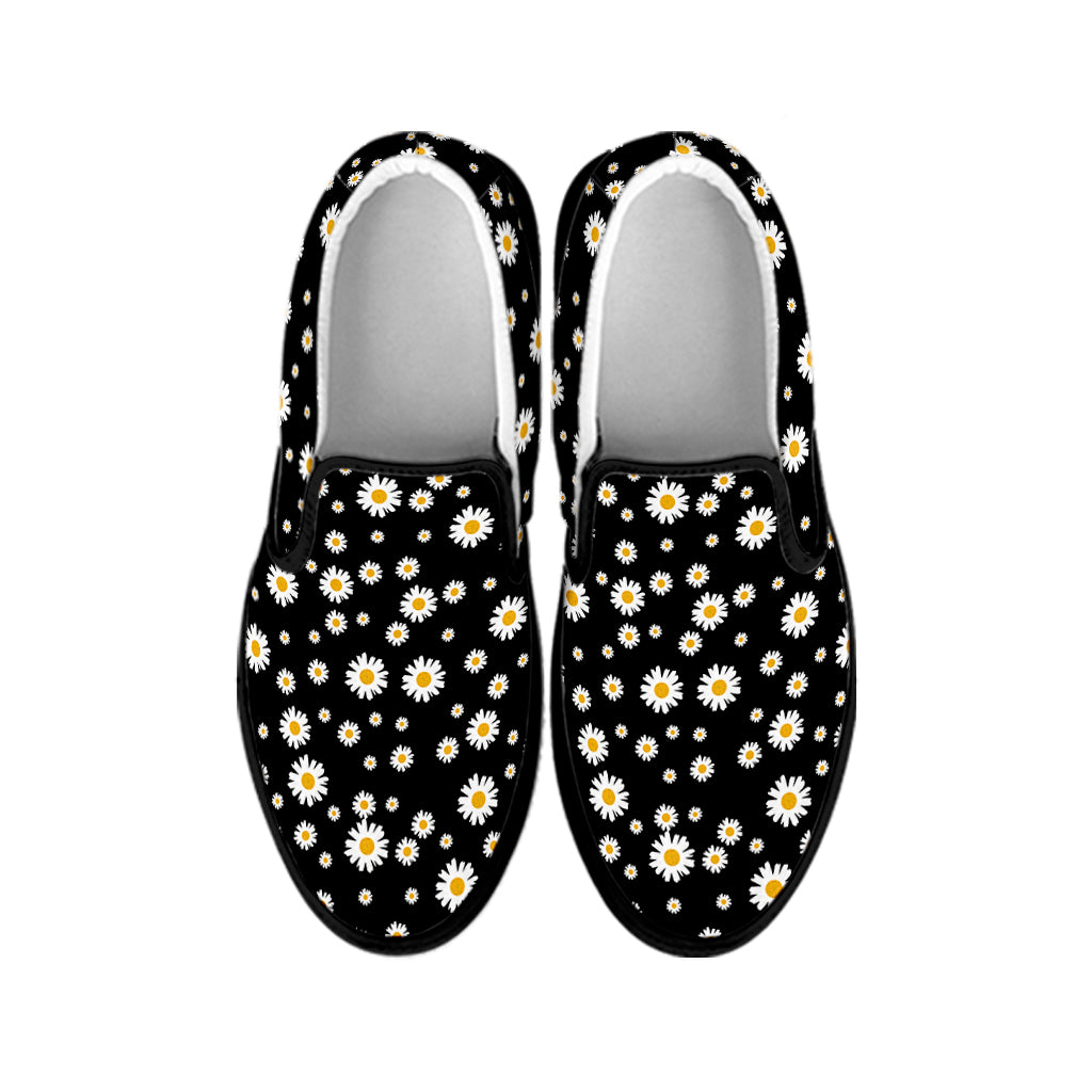 Black Daisy Floral Pattern Print Black Slip On Shoes