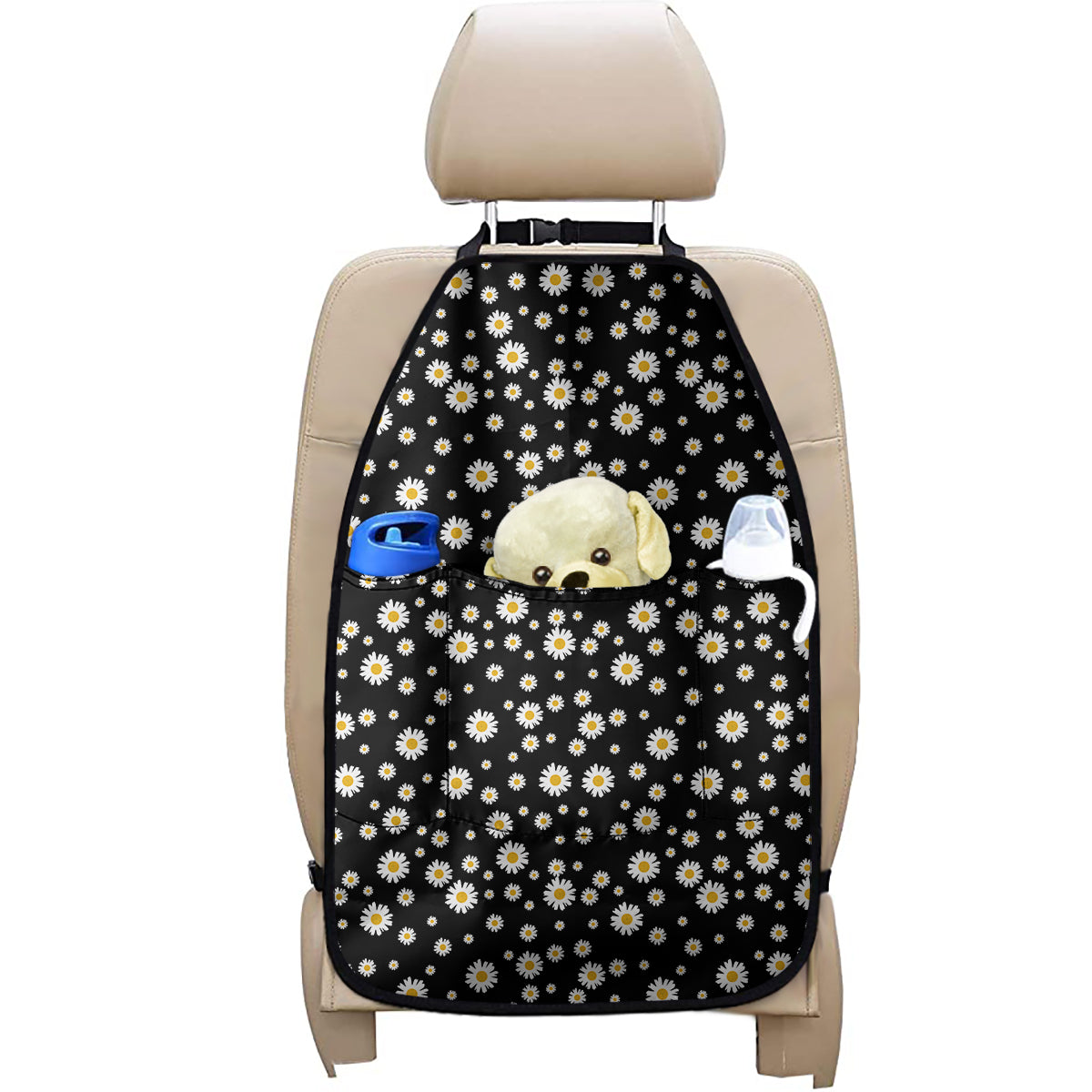 Black Daisy Floral Pattern Print Car Seat Organizers