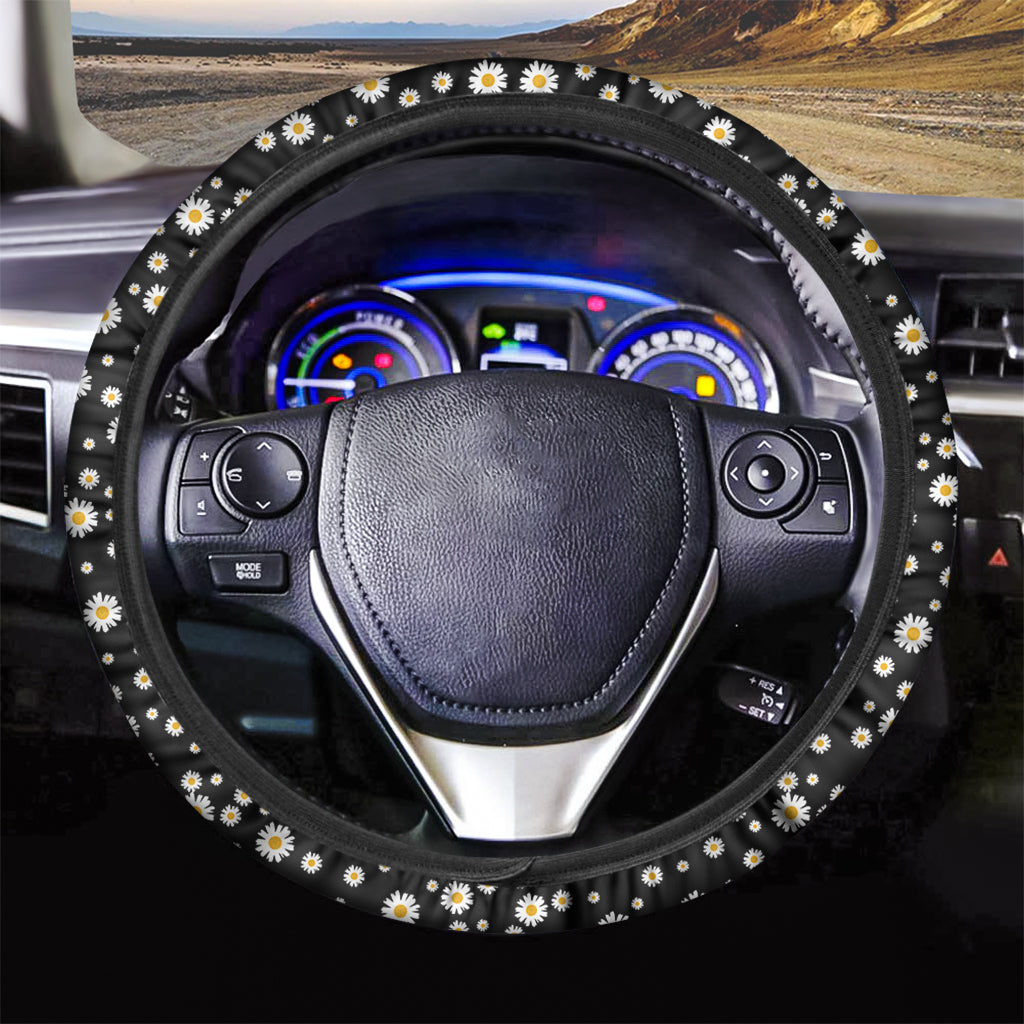 Black Daisy Floral Pattern Print Car Steering Wheel Cover