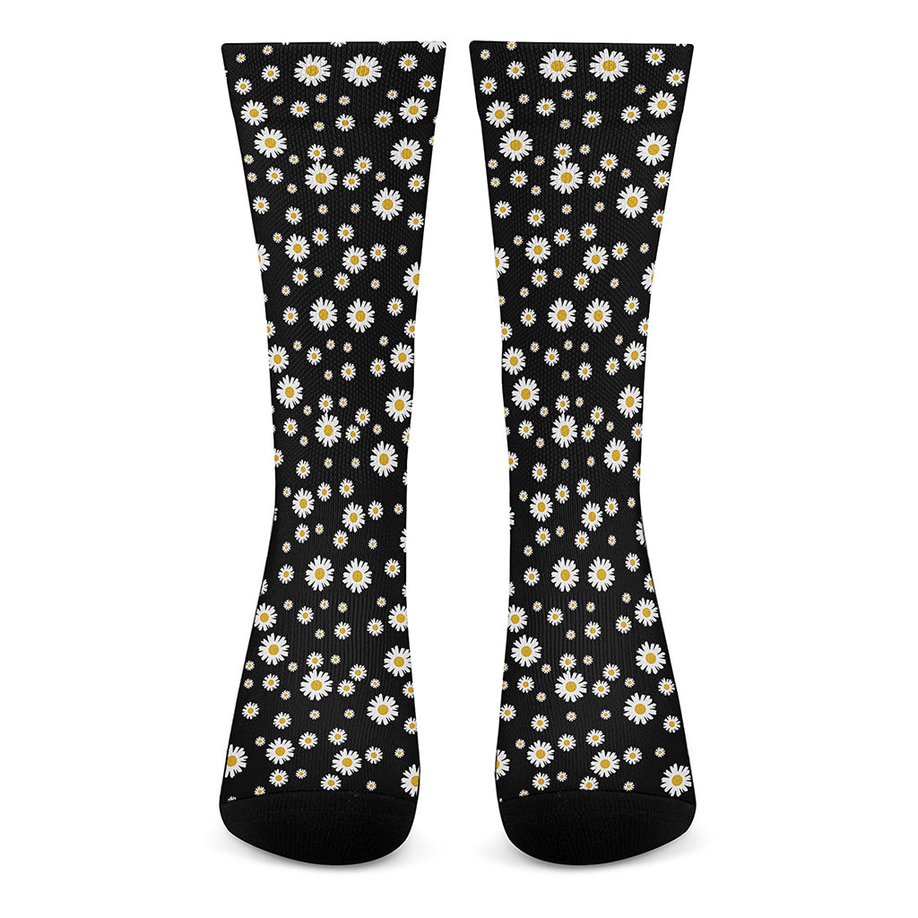 Black Daisy Floral Pattern Print Crew Socks