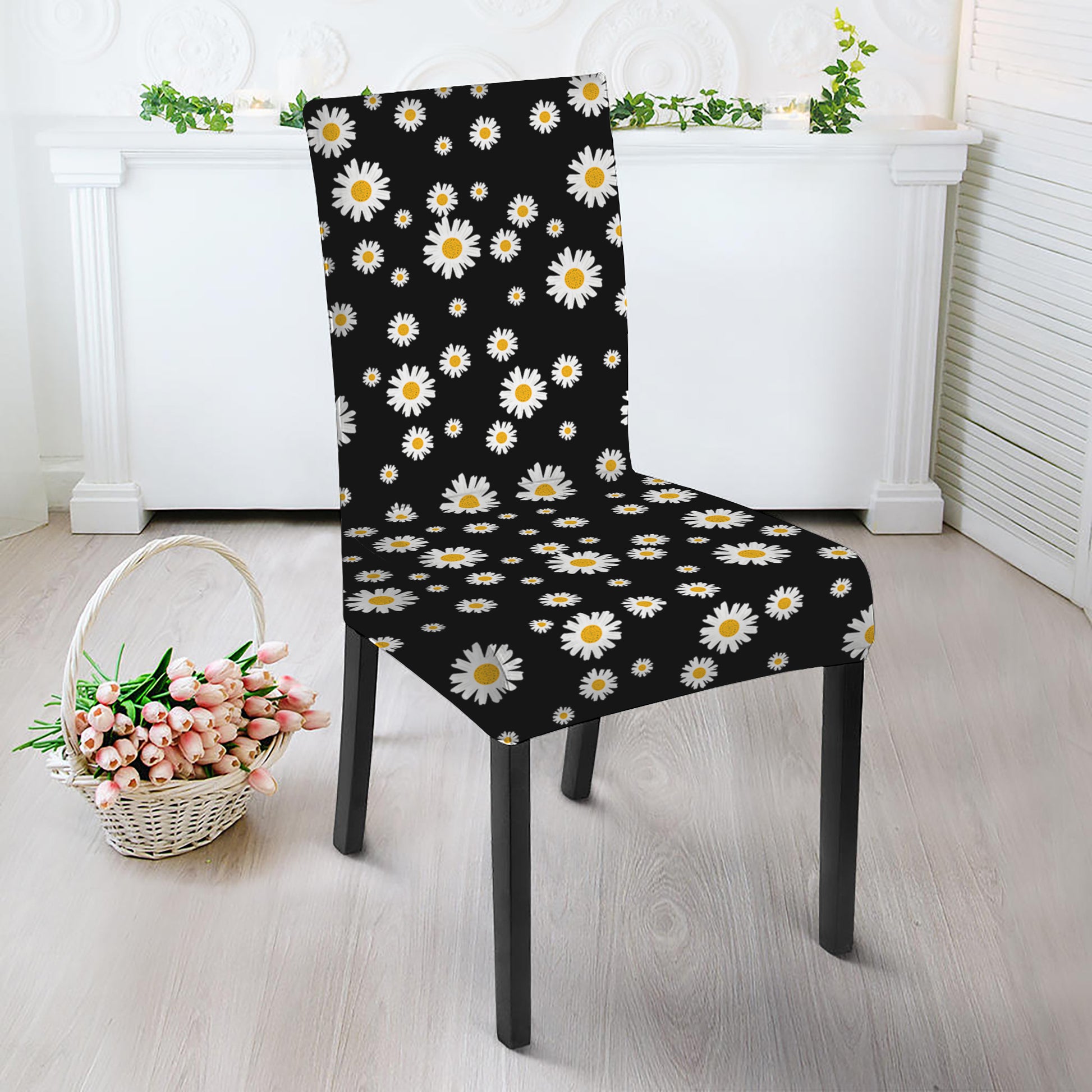 Black Daisy Floral Pattern Print Dining Chair Slipcover
