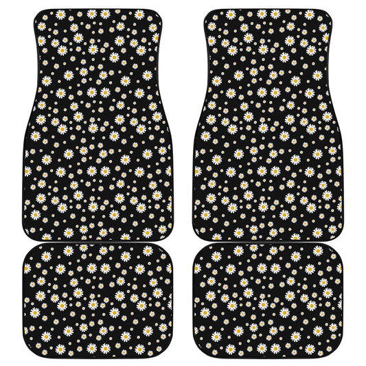 Black Daisy Floral Pattern Print Front and Back Car Floor Mats