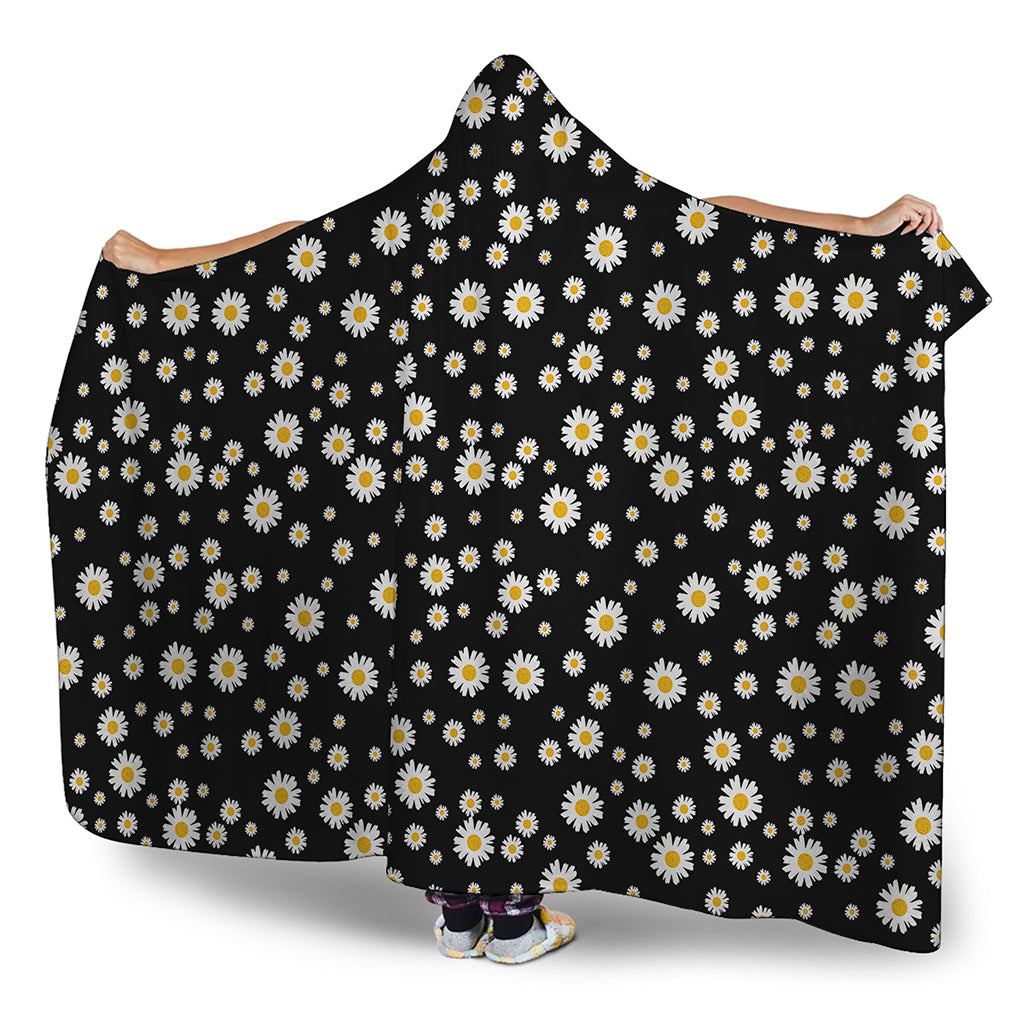 Black Daisy Floral Pattern Print Hooded Blanket