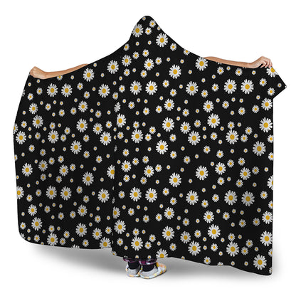 Black Daisy Floral Pattern Print Hooded Blanket