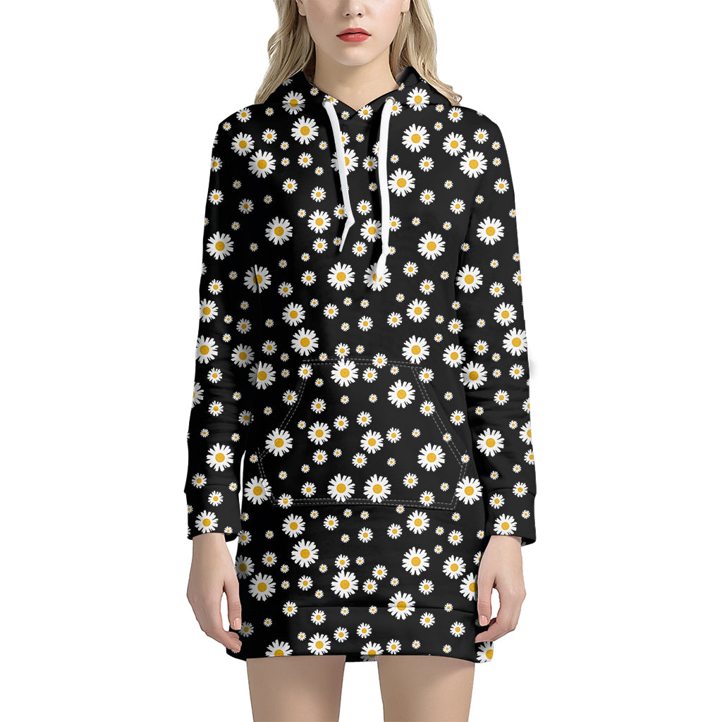 Black Daisy Floral Pattern Print Hoodie Dress