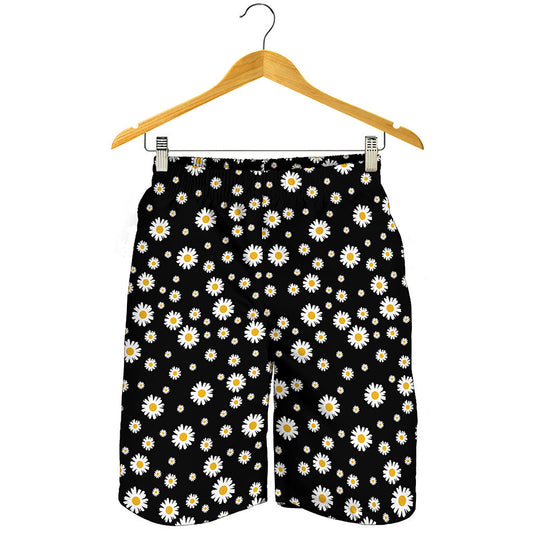 Black Daisy Floral Pattern Print Men's Shorts