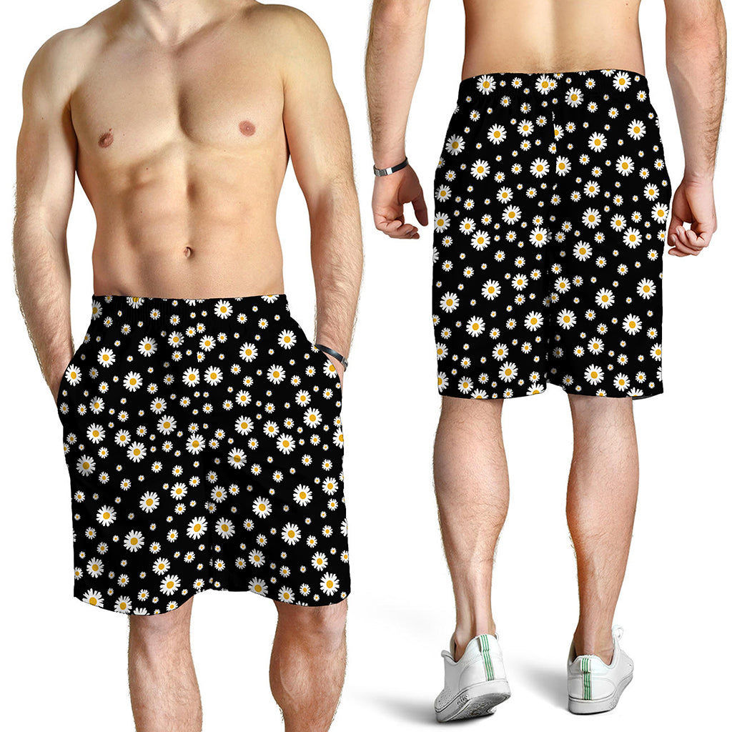 Black Daisy Floral Pattern Print Men's Shorts