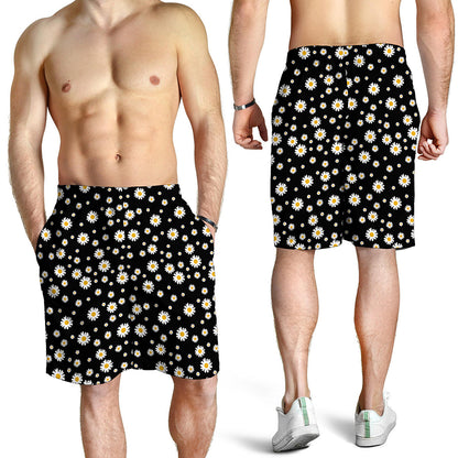 Black Daisy Floral Pattern Print Men's Shorts