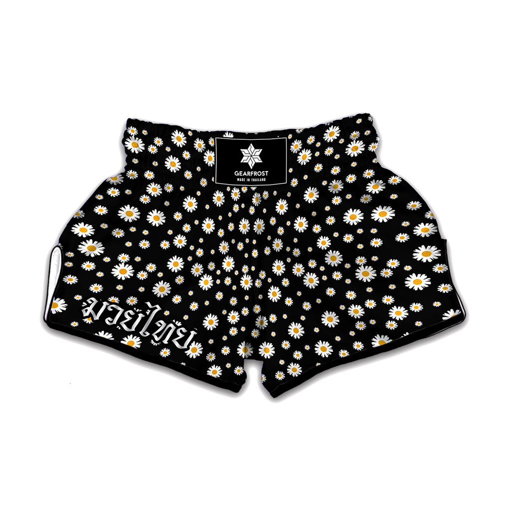 Black Daisy Floral Pattern Print Muay Thai Boxing Shorts