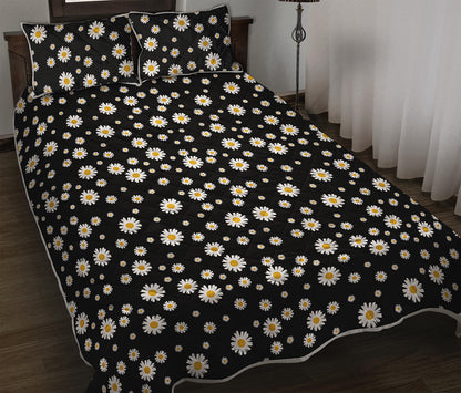 Black Daisy Floral Pattern Print Quilt Bed Set