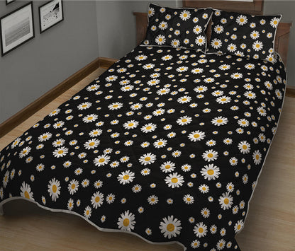 Black Daisy Floral Pattern Print Quilt Bed Set