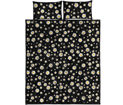 Black Daisy Floral Pattern Print Quilt Bed Set