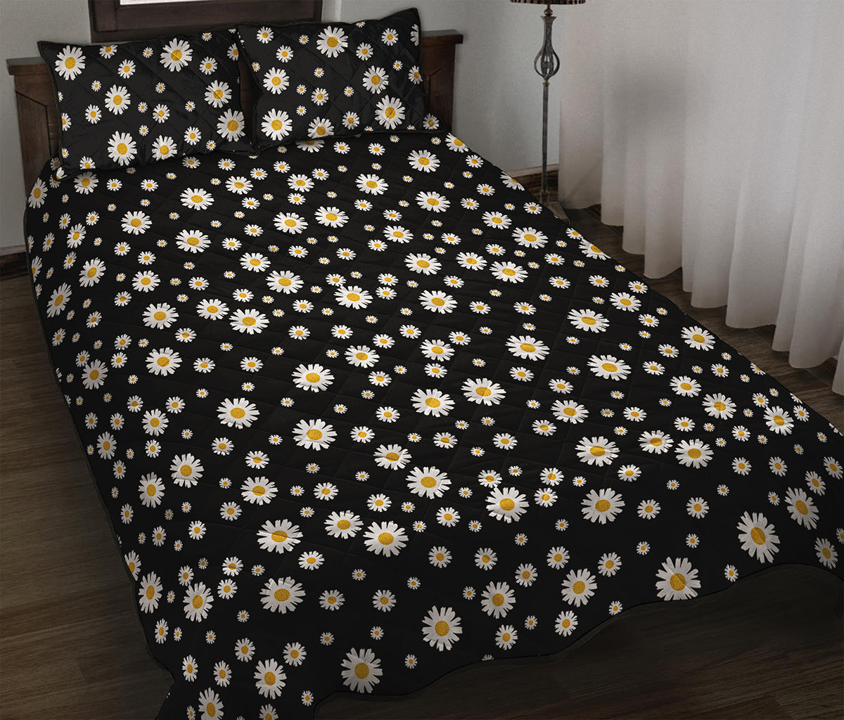 Black Daisy Floral Pattern Print Quilt Bed Set