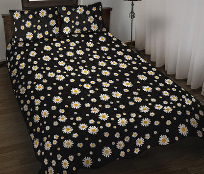 Black Daisy Floral Pattern Print Quilt Bed Set