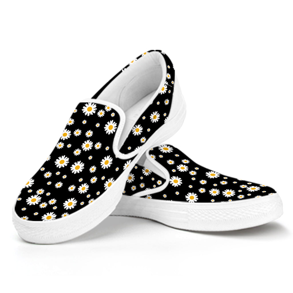 Black Daisy Floral Pattern Print White Slip On Shoes