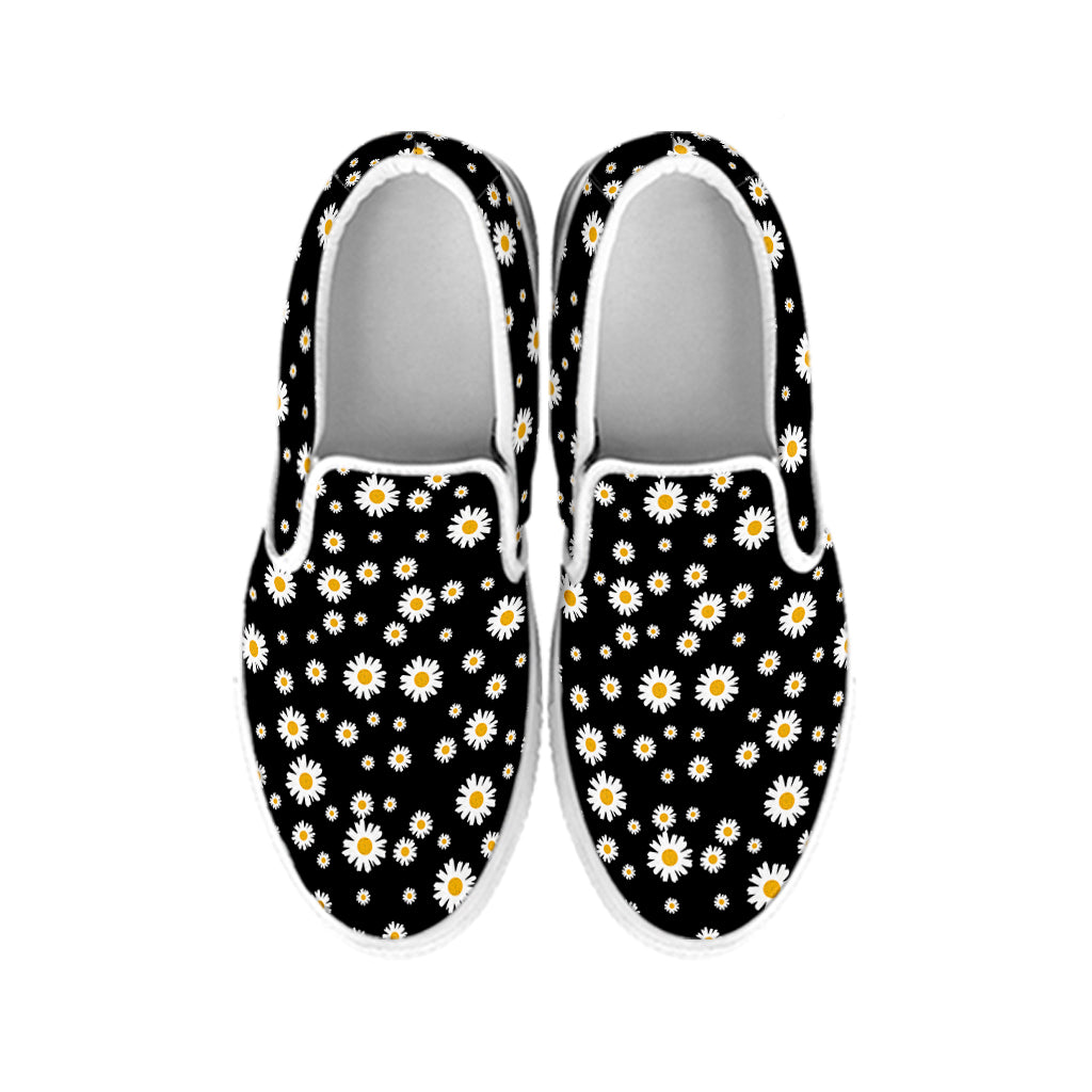 Black Daisy Floral Pattern Print White Slip On Shoes