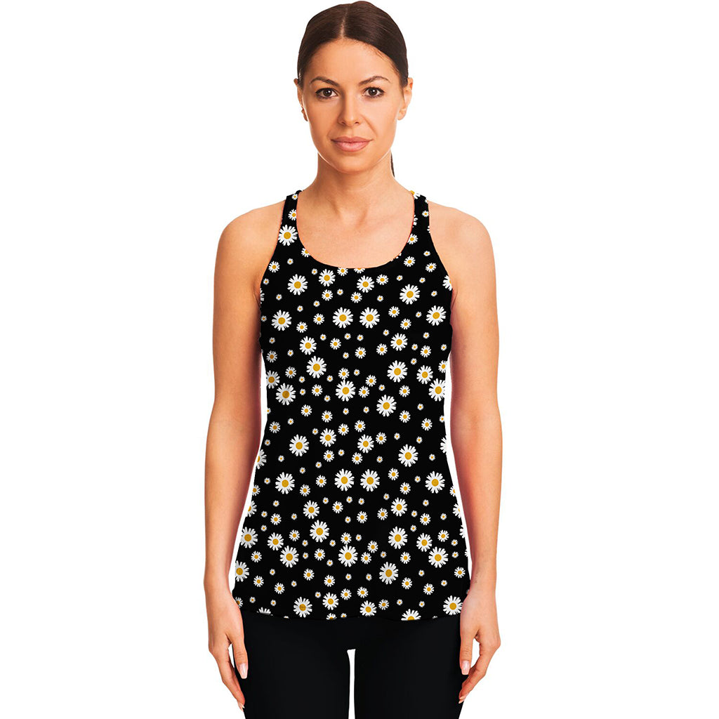Black Daisy Floral Pattern Print Women's Racerback Tank Top
