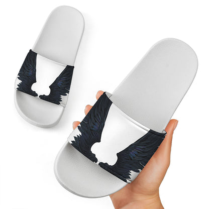 Black Demon Wings Print White Slide Sandals