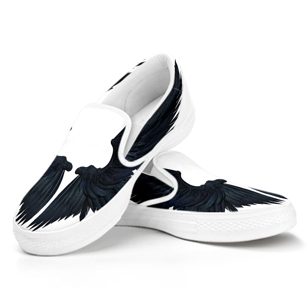 Black Demon Wings Print White Slip On Shoes