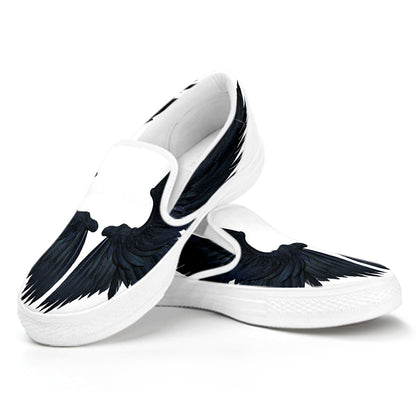 Black Demon Wings Print White Slip On Shoes