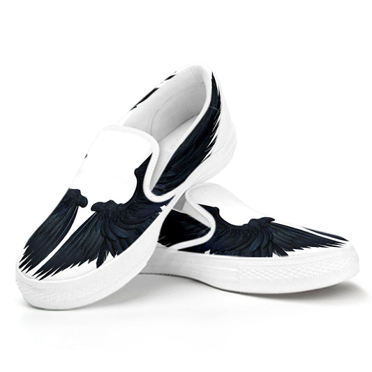 Black Demon Wings Print White Slip On Shoes